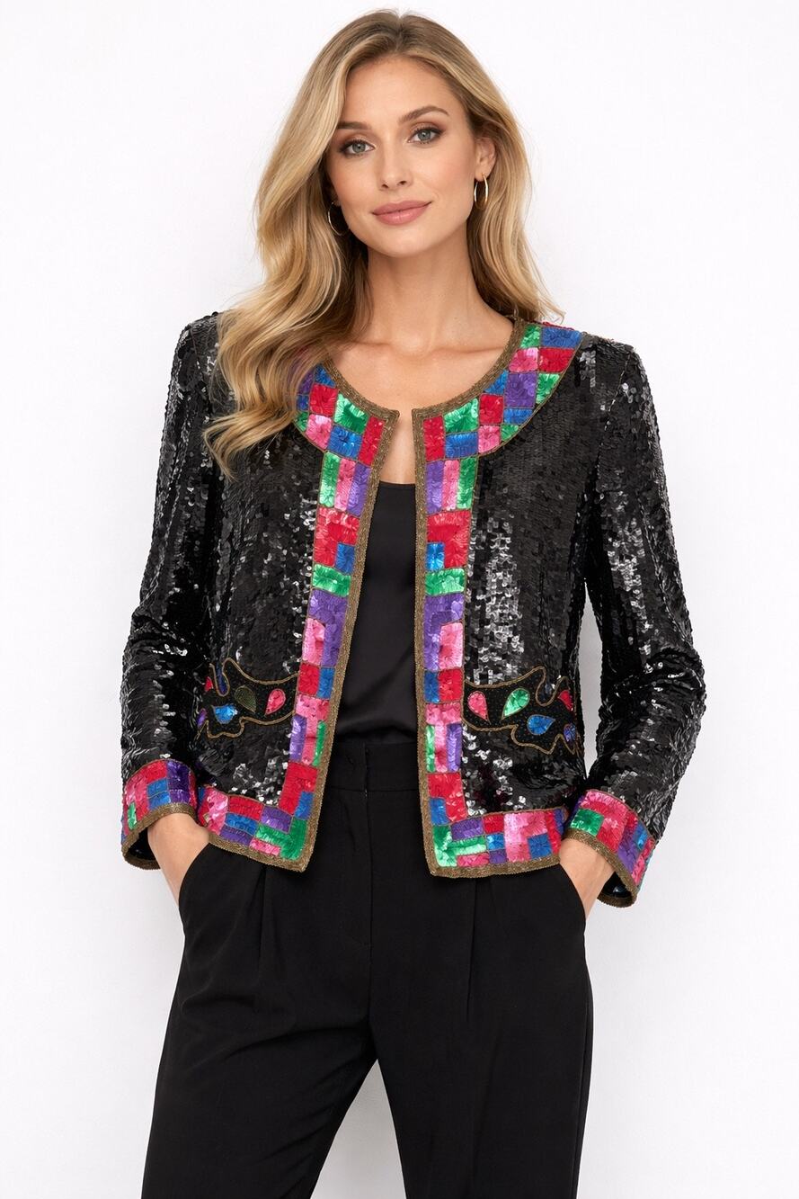 1980s Pinky Creations Silk Sequin Jacket Black,Pink & red size Medium